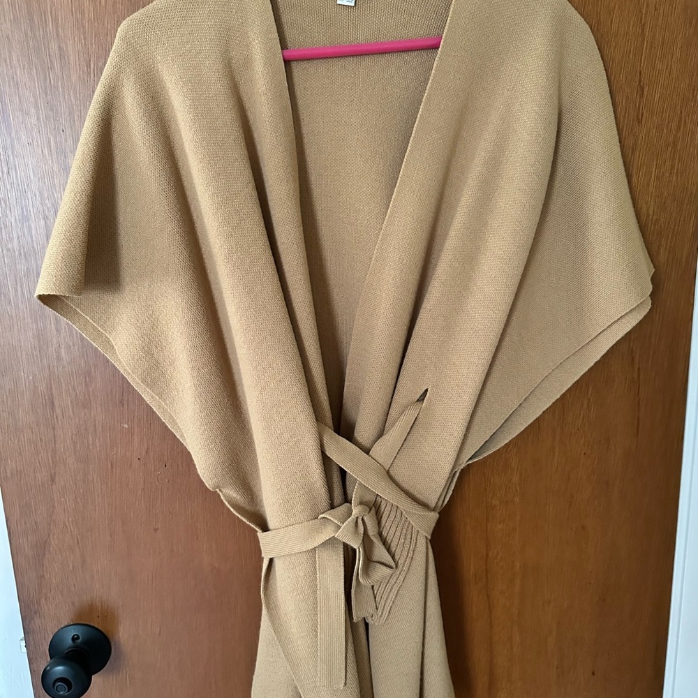 LOFT Camel Open-Front Belted Poncho Sweater